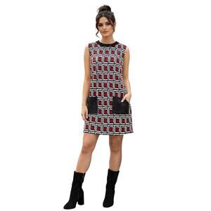 Vintage 1960s Mod Cocktail Dress Faux Leather Trim Red Black